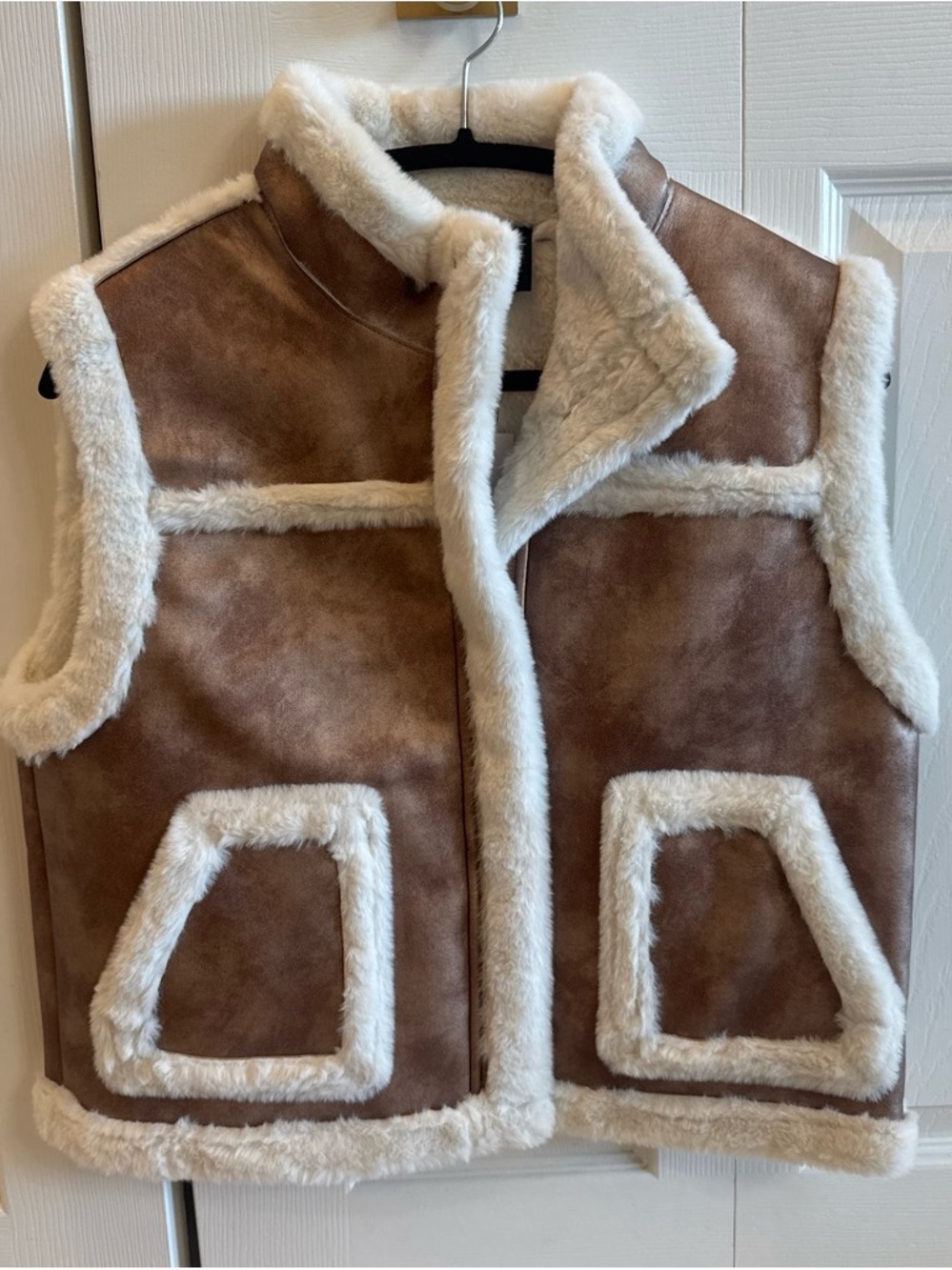 Kids Faux Shearling Vest in Brown and Cream